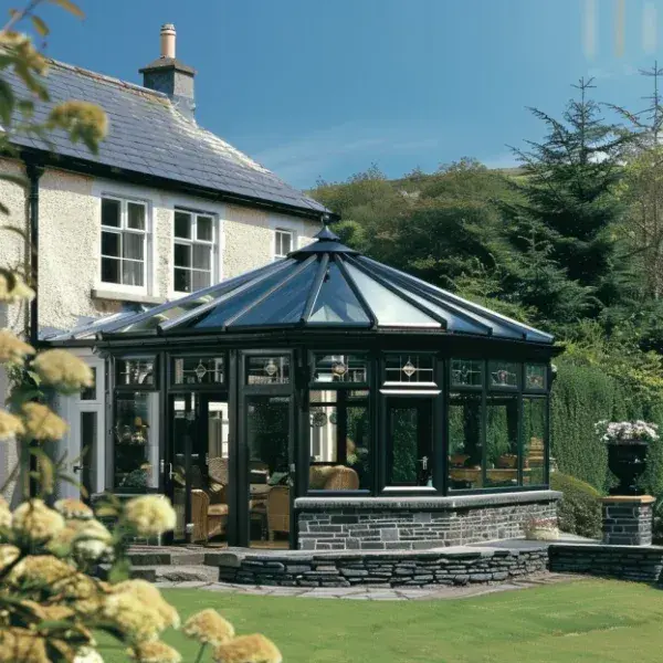 Octagonal conservatory with a black-framed glass roof from the Ultimate Home Solutions gallery