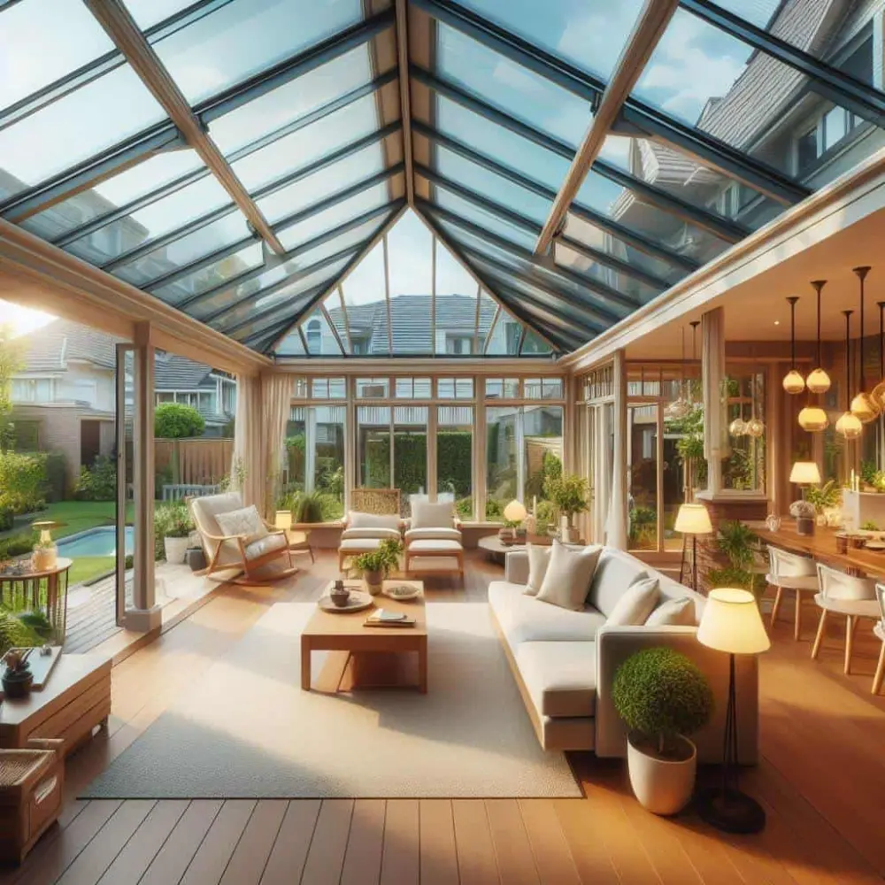 Living room beneath a bright glass conservatory roof from the Ultimate Home Solutions gallery