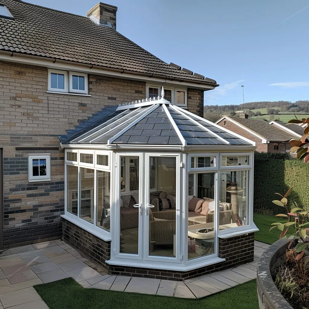 White conservatory with tiled roof sections and glazed strips
