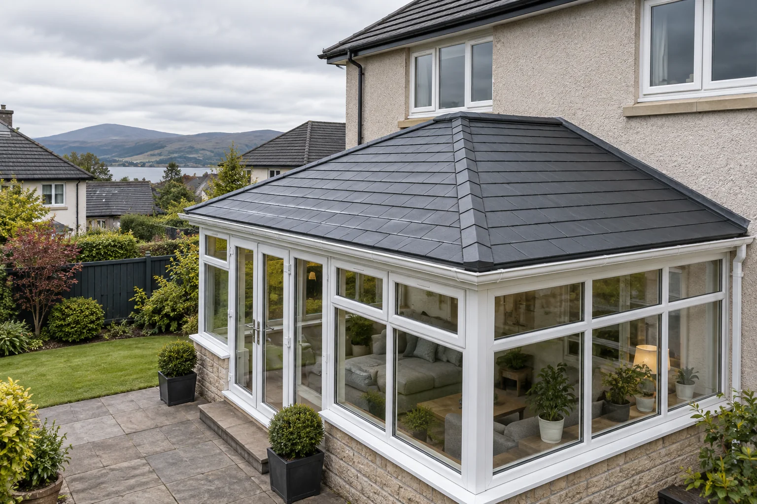 Illustrative conservatory with a charcoal slate-effect replacement roof, created with AI