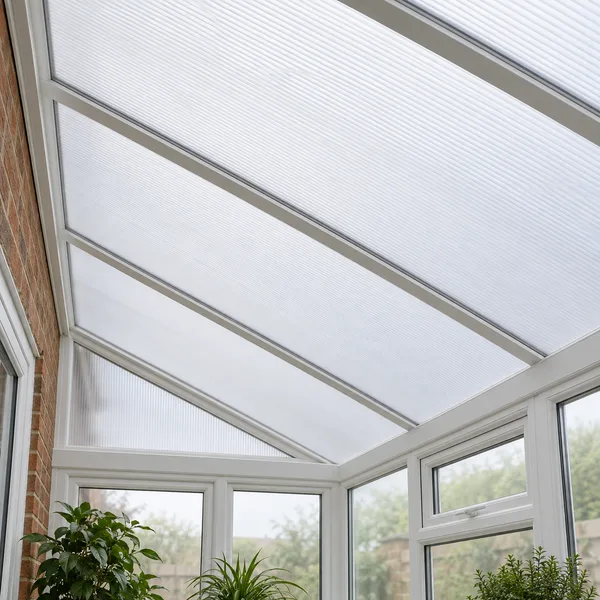 Illustration of translucent multiwall polycarbonate roof panels with white support bars