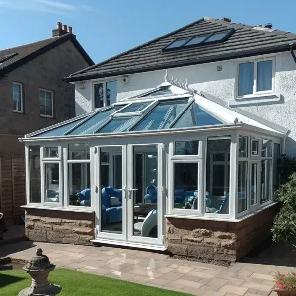 White framed glass roof conservatory beside a paved garden