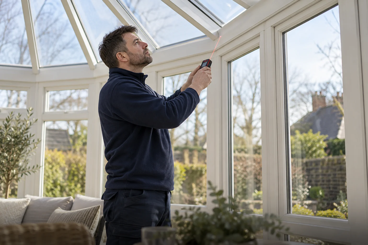 Specialist inspecting and measuring a conservatory roof frame — AI-generated illustration