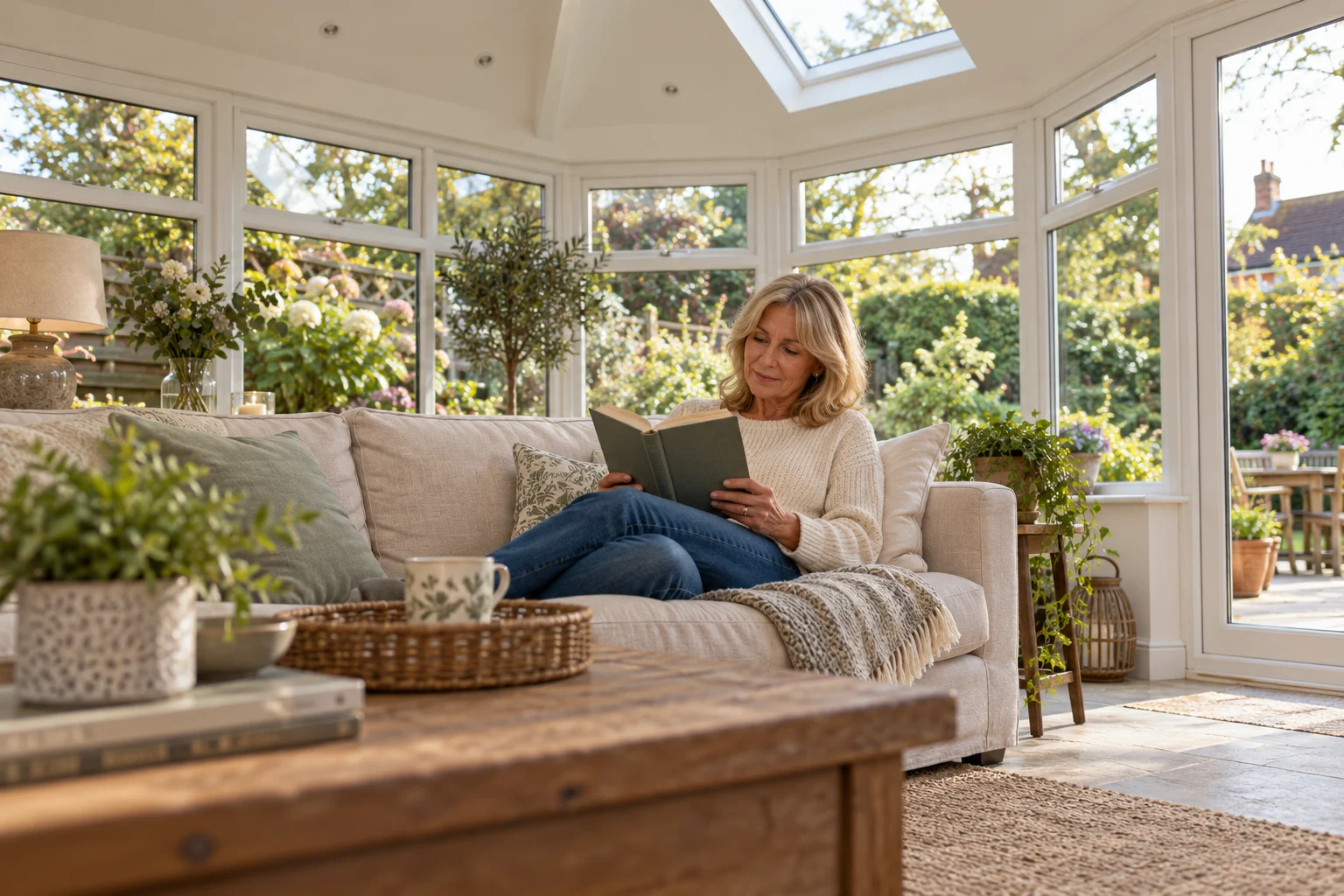 Woman relaxing with a book in an insulated conservatory — AI-generated illustration