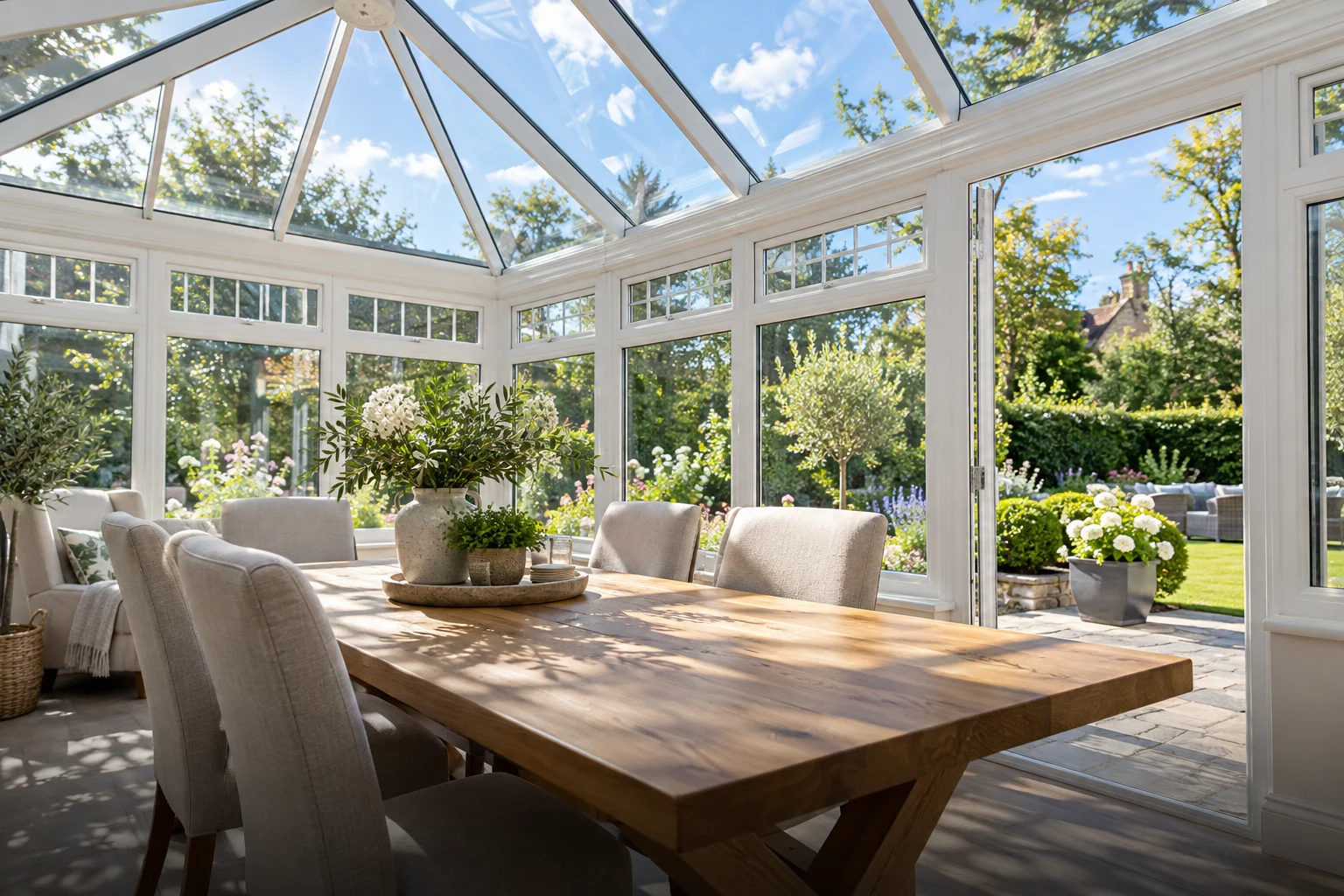Natural daylight through a glass conservatory roof onto an oak dining table — AI-generated illustration