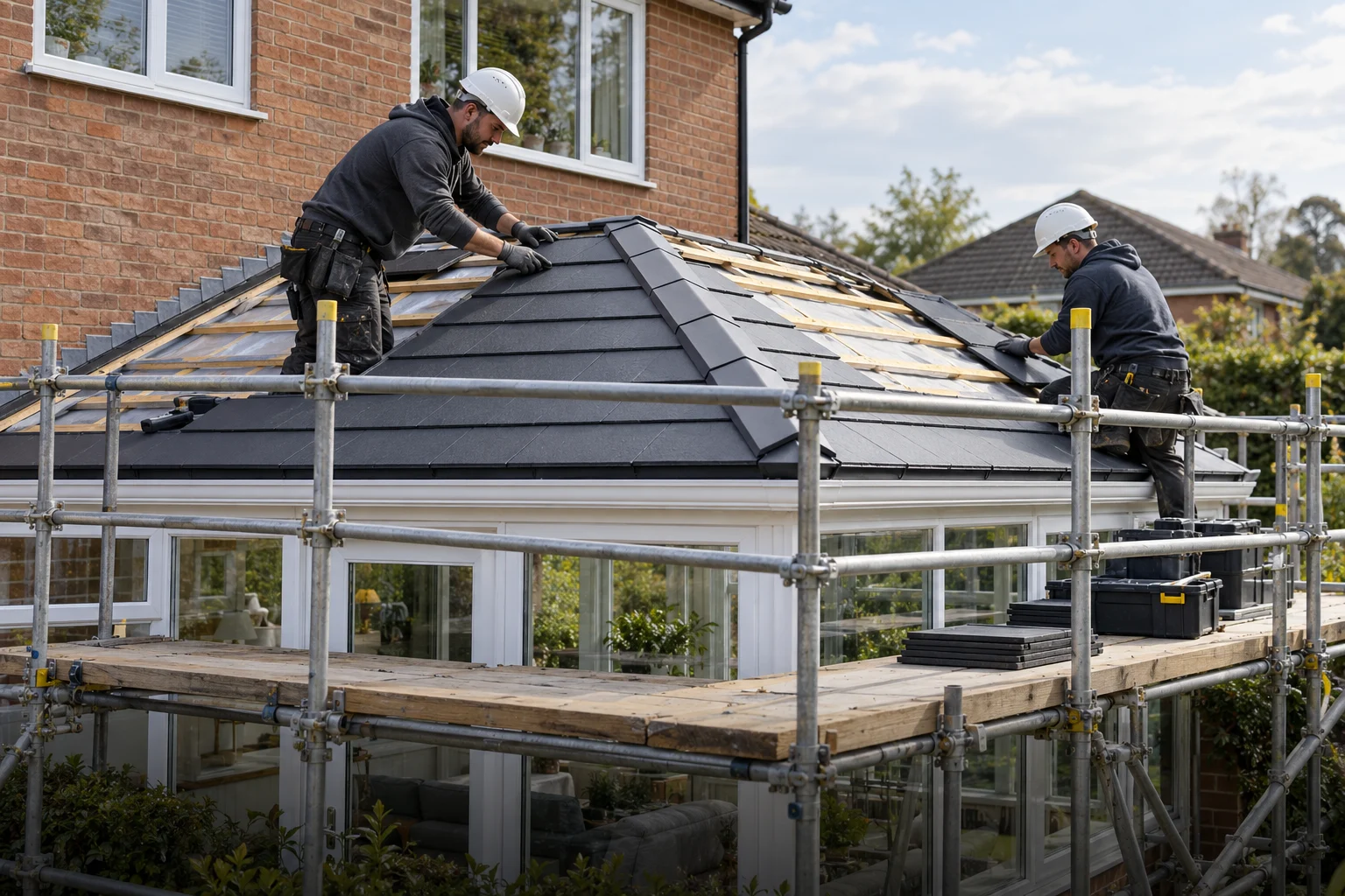 Installers fitting a tiled conservatory roof from a guarded scaffold platform — AI-generated illustration