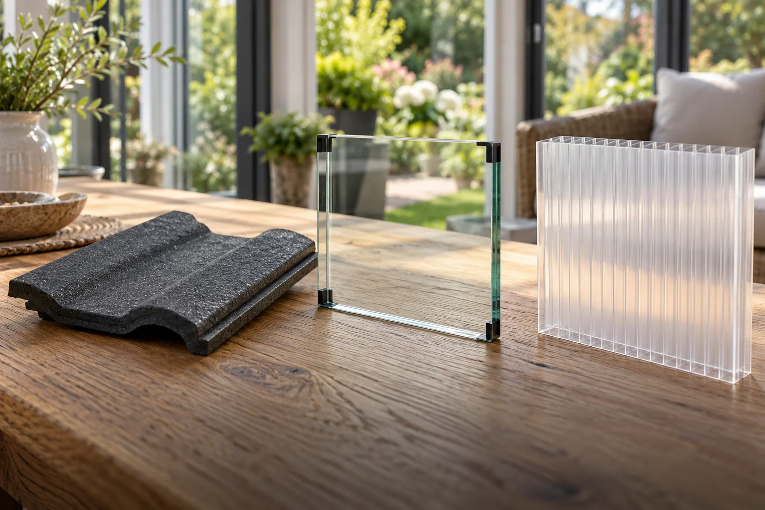 Samples of roof tile, clear glazing and multiwall polycarbonate on a conservatory table — AI-generated illustration