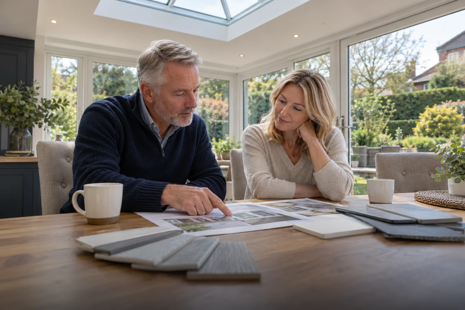 Homeowners comparing a roof quotation at their conservatory table — AI-generated illustration