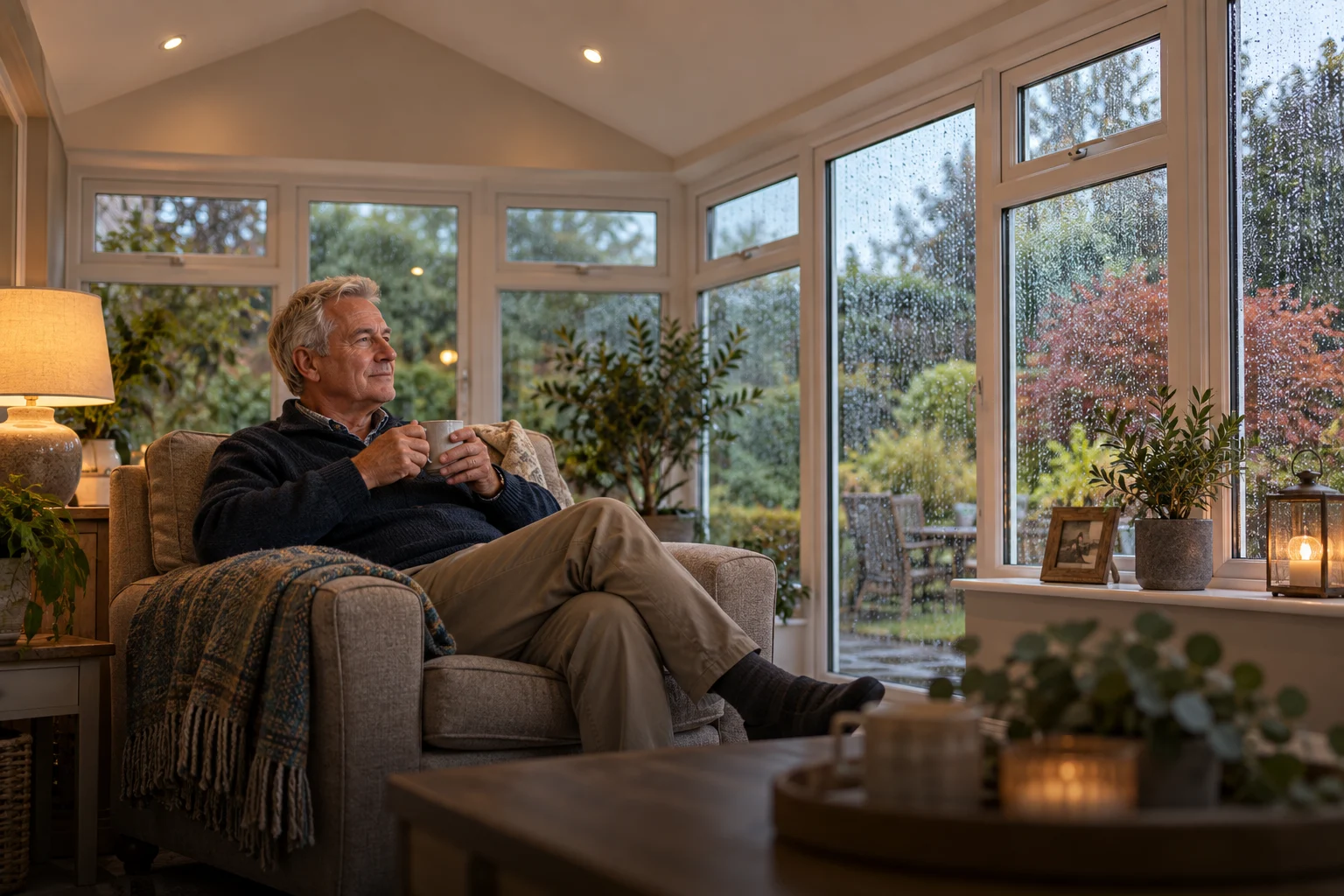Man relaxing with tea beneath a solid conservatory ceiling while rain falls outside — AI-generated illustration