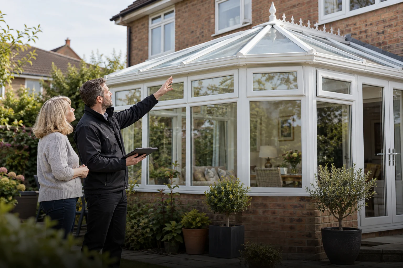 Homeowner and roof specialist discussing a conservatory from the garden — AI-generated illustration